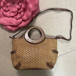 FOSSIL Brown Woven Wicker Handbag‎ w/ Wooden Round Handles Leather Trim Y2K Boho